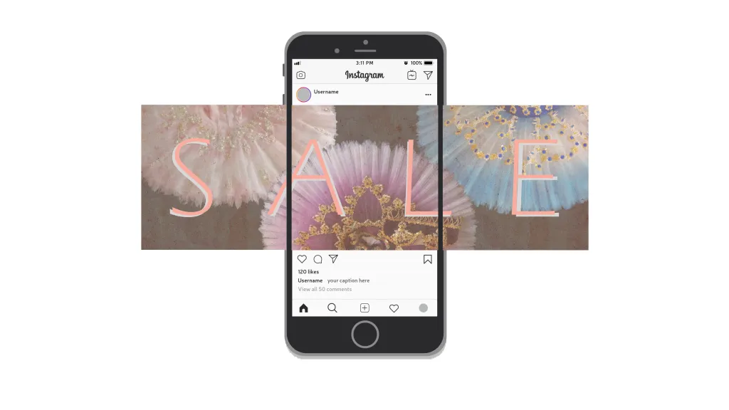 Encena Costumes sale campaign: one photograph of tutus split across three Instagram tiles to spell SALE