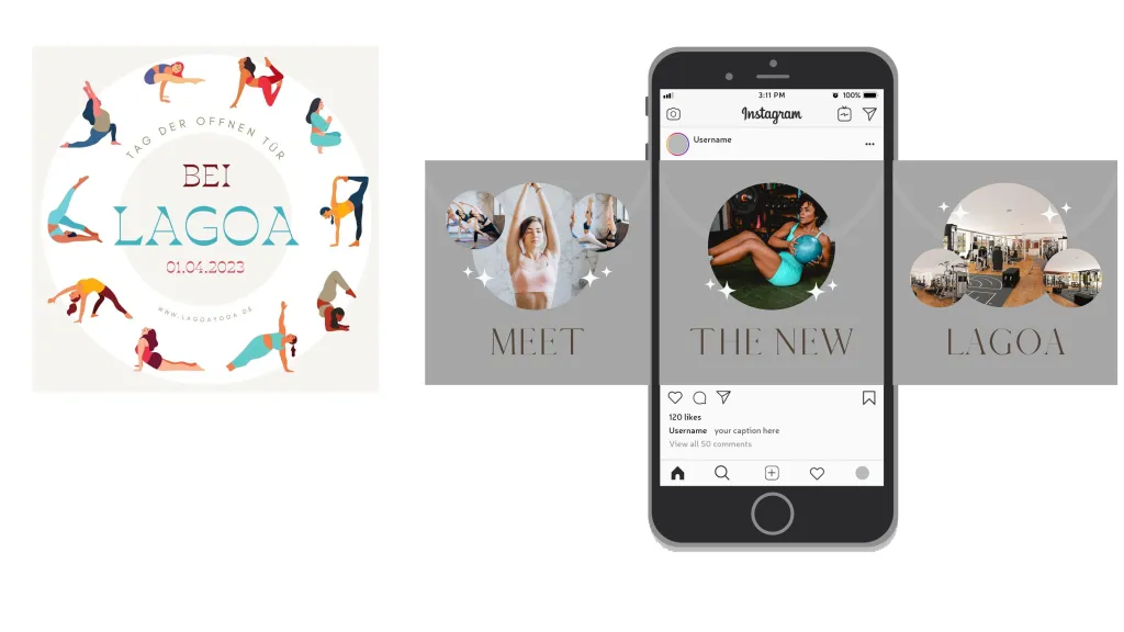 Lagoa Yoga: an open-day graphic in German and a three-tile carousel reading MEET THE NEW LAGOA