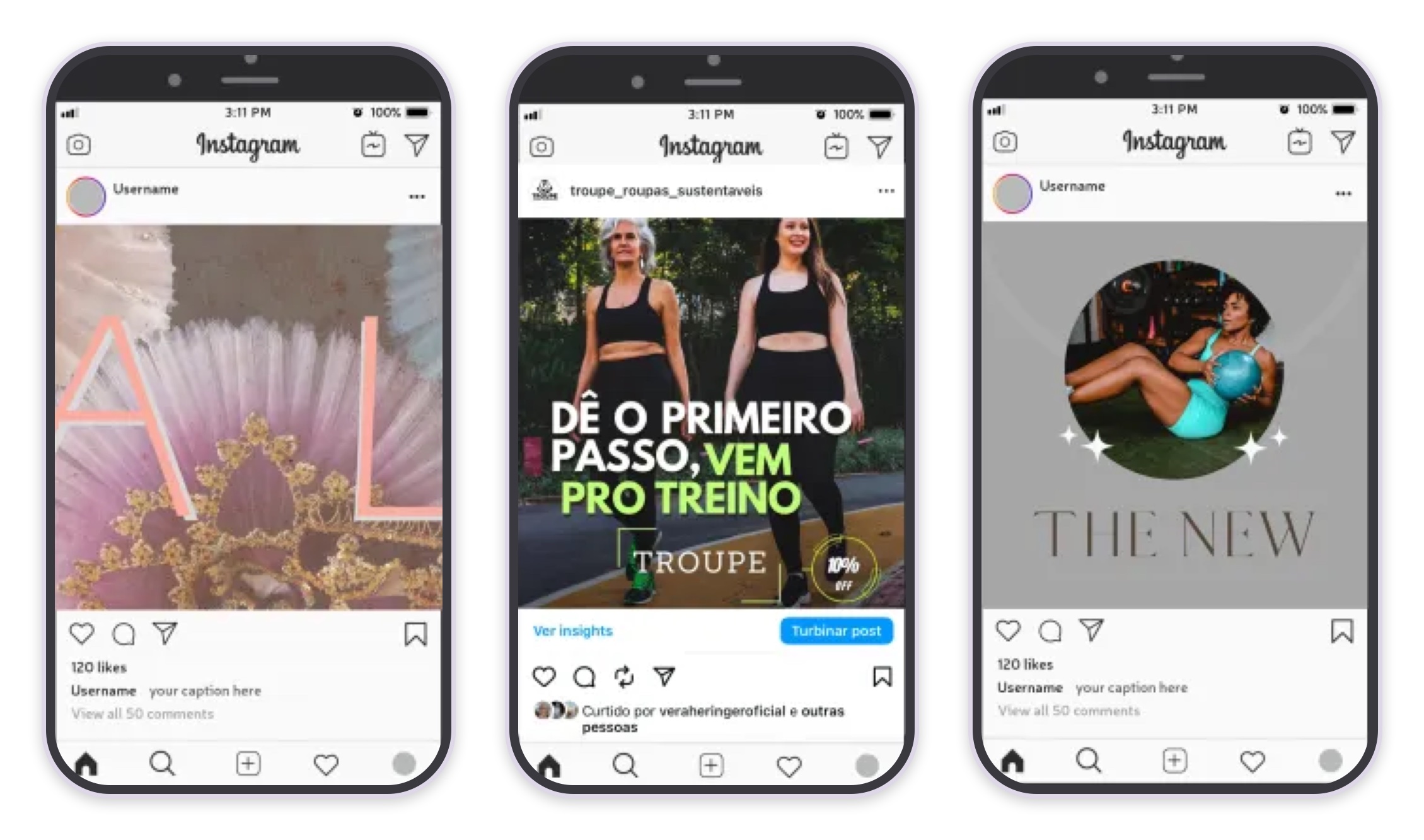 Three phones side by side showing Instagram posts for a costume label, Troupe and Lagoa Yoga