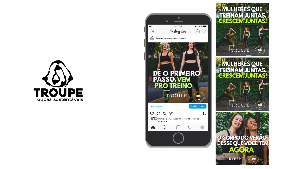 Troupe: the logo, a live Instagram post with its insights panel open, and three campaign posts in Portuguese