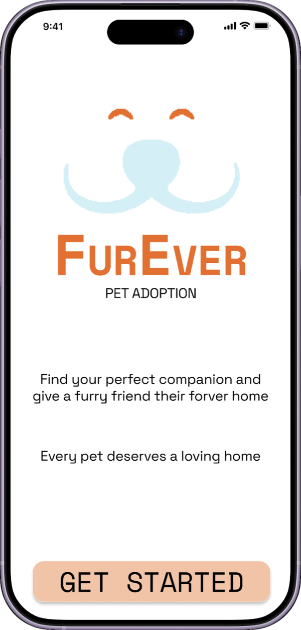 The Fur Ever landing screen: find your perfect companion and give a furry friend their forever home