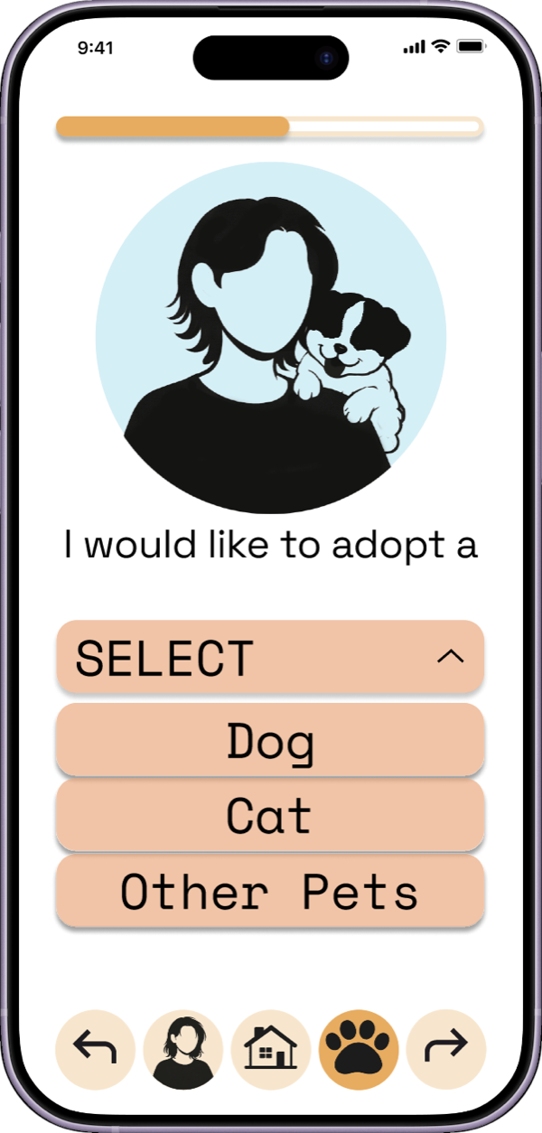 The question 'I would like to adopt a', with the dropdown open on Dog, Cat and Other Pets