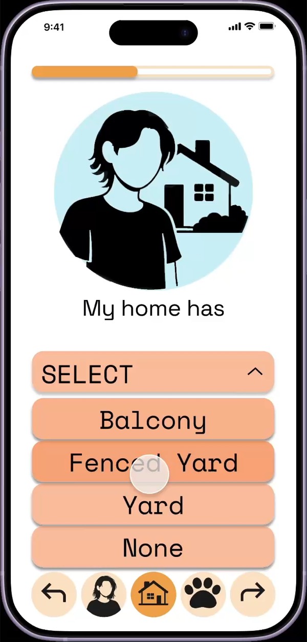 The Fur Ever questionnaire asking what the adopter's home has, with the dropdown open on Balcony, Fenced Yard, Yard and None