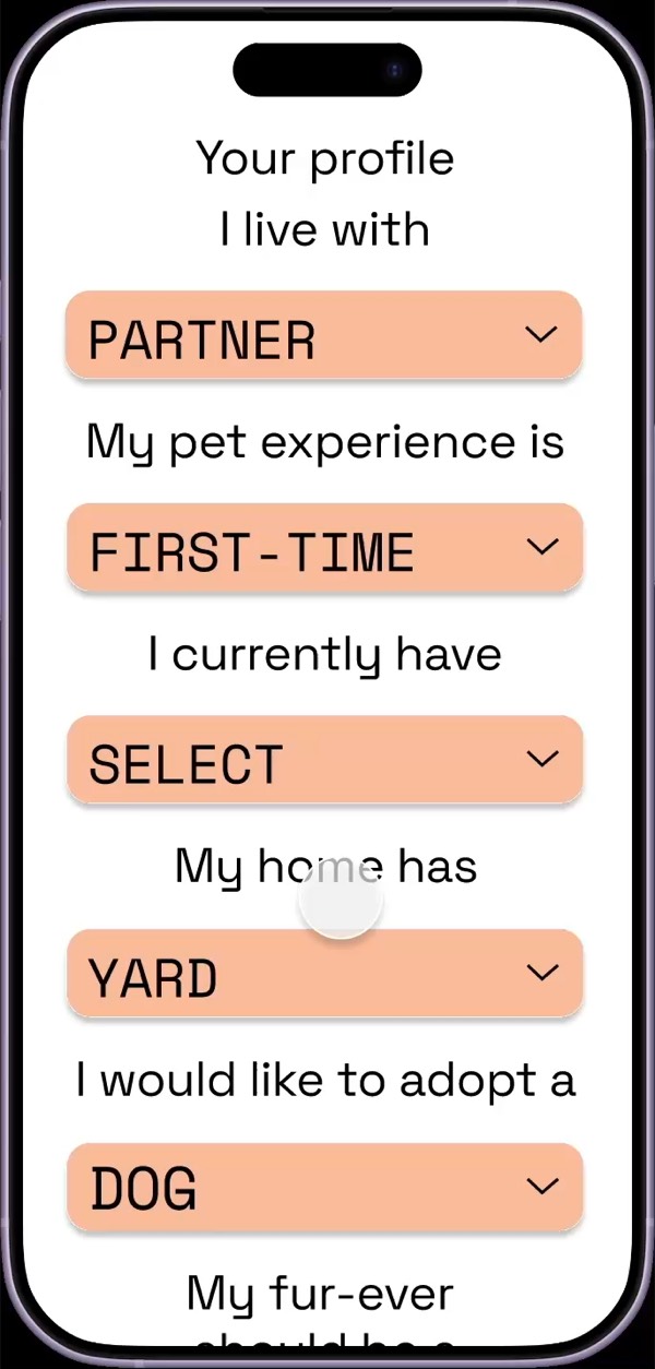 The review screen listing the finished profile: lives with a partner, first-time owner, has a yard, would like to adopt a dog