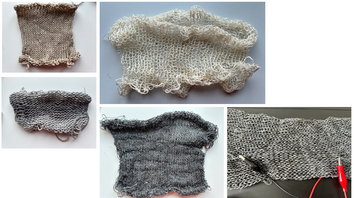 Knitted swatches in pale and dark conductive yarn, one clipped to a test lead