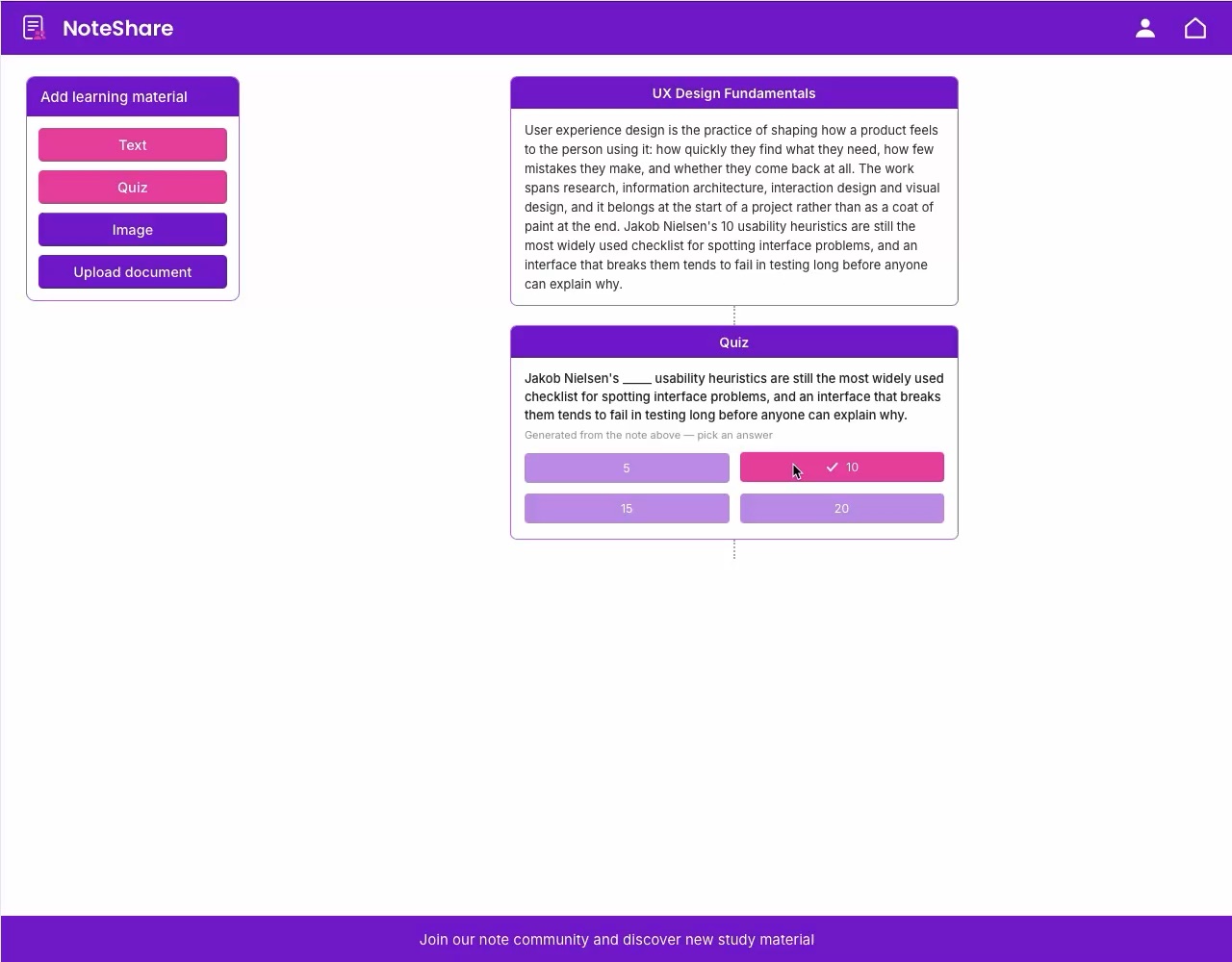 A shared note opened with a quiz generated from it — a fill-in-the-blank question with answer options