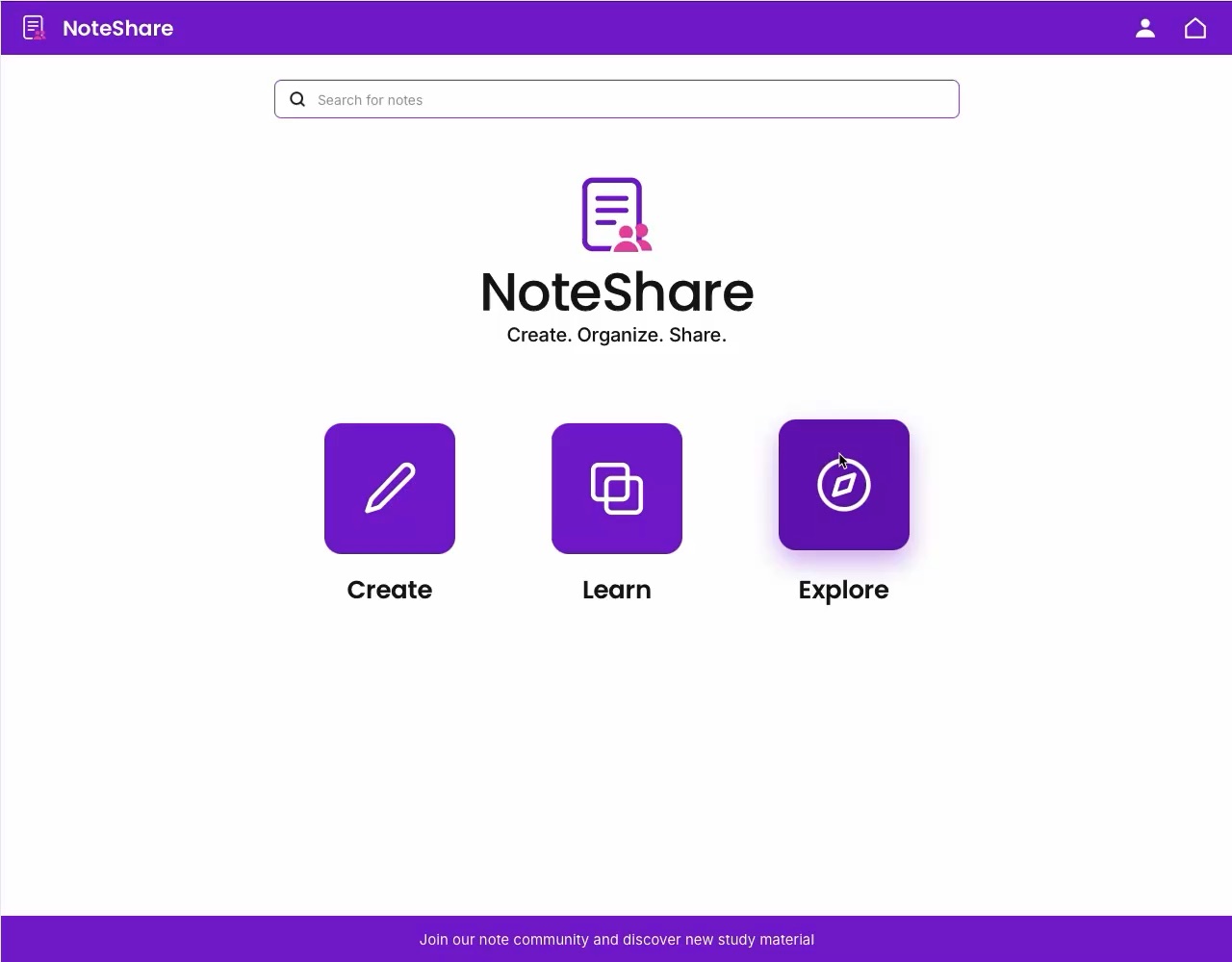 The NoteShare home screen: create, learn and explore — a note sharing app for students